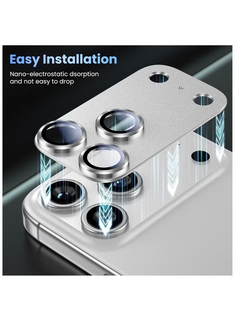 واقي عدسة كاميرا آيفون 17 برو، مُحسّن، قوي الالتصاق، مصنوع من سبيكة معدنية وزجاج مقوى، واقي شاشة الكاميرا الخلفية، غطاء مقاوم للكسر، ملحقات فضية اللون - Image 3